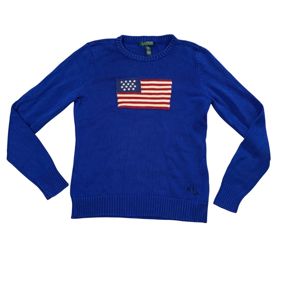 Lauren Ralph Lauren Flag Sweater Womens Medium Blue Good Cotton Knit Pullover